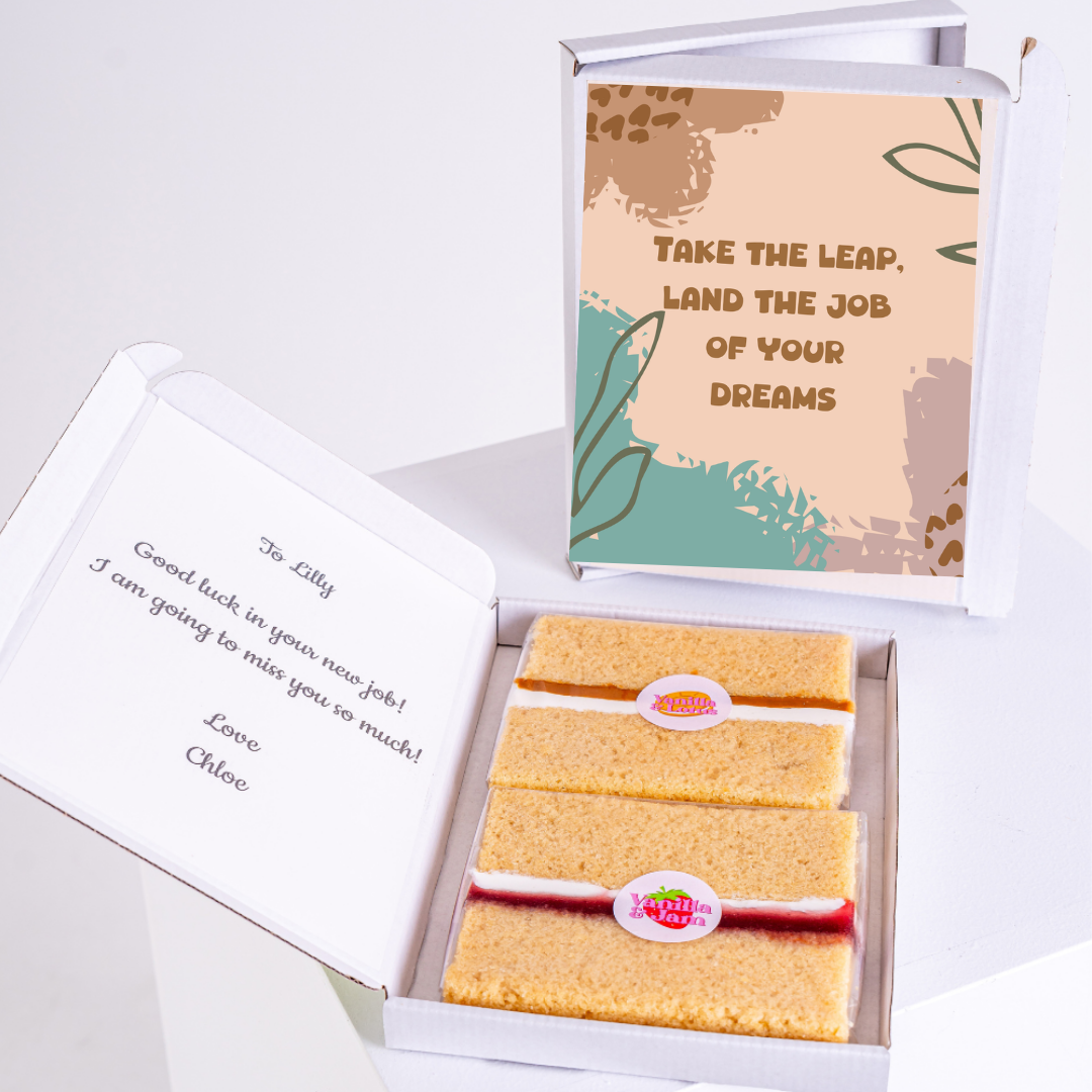 Cake gift box for Lilly, new job wishes, and Take the Leap card.