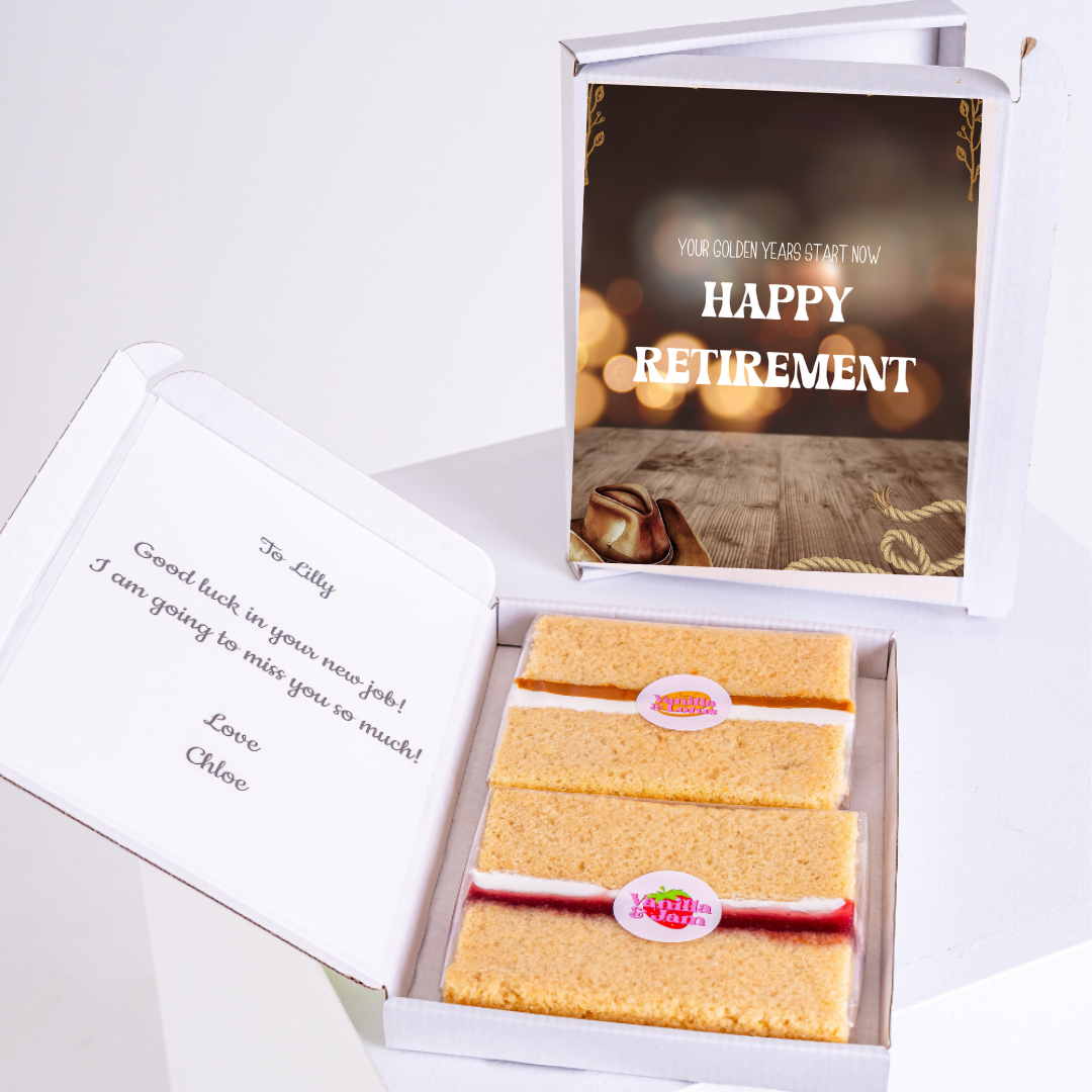 Retirement cake gift box with Happy Retirement card, from Chloe.