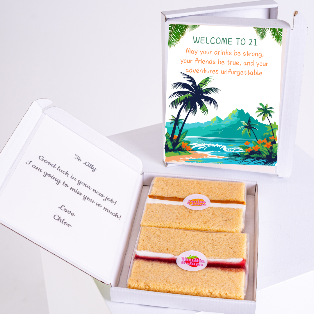 21st birthday cake gift box with tropical card and message from Chloe.