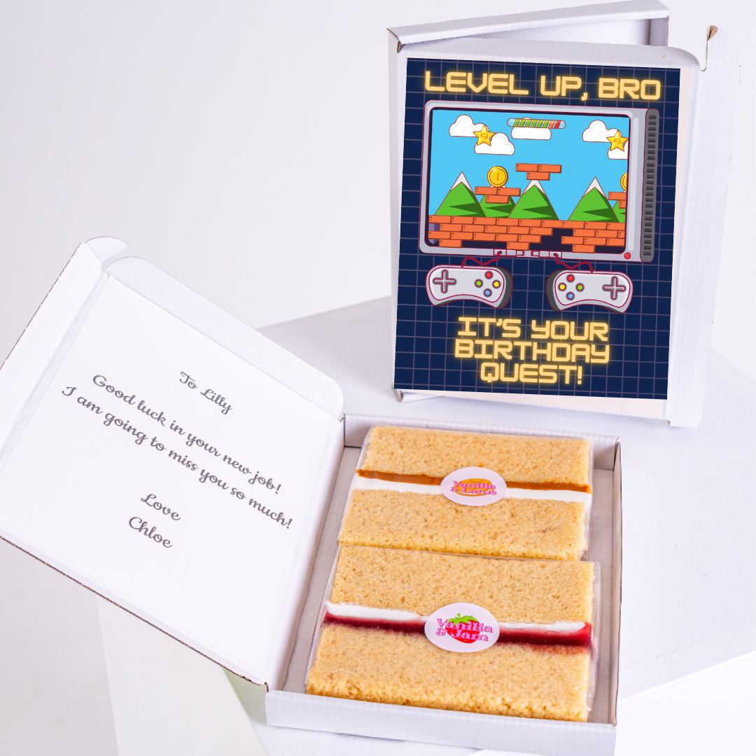 Birthday cake gift box with Level Up, Bro design for Lilly.