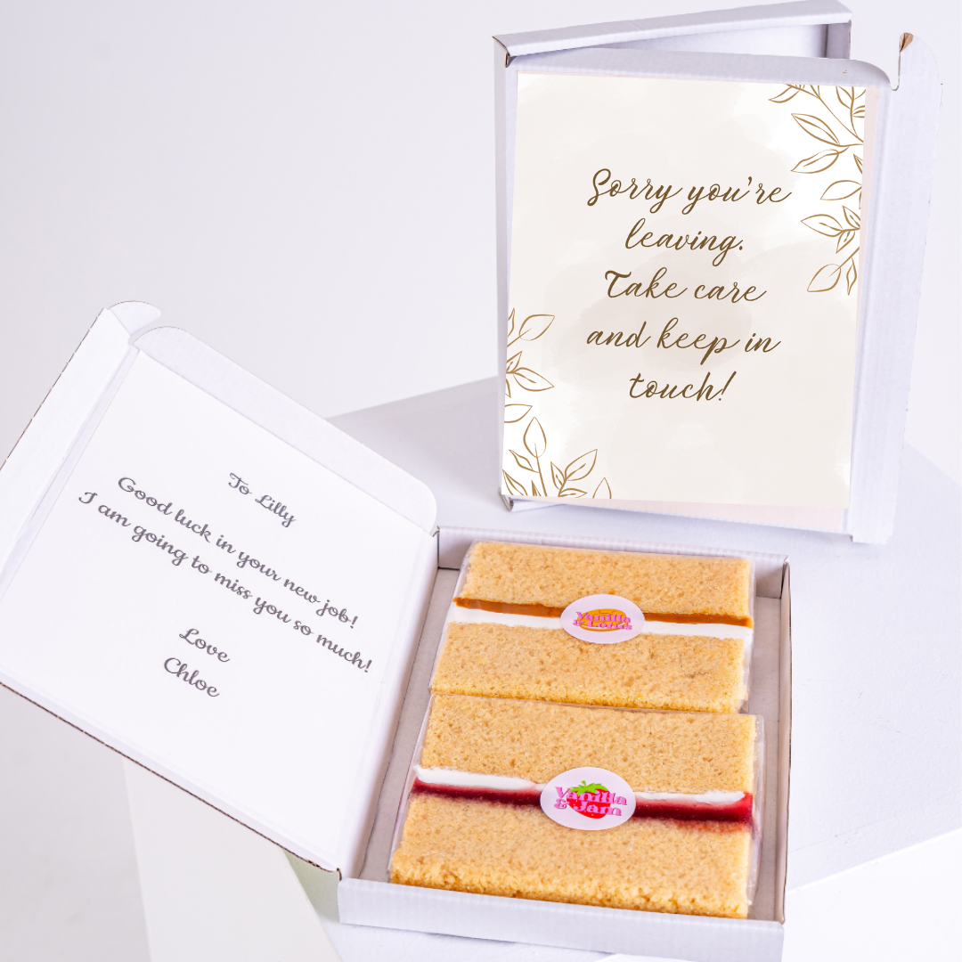 Farewell cake gift box for Lilly with card and message.