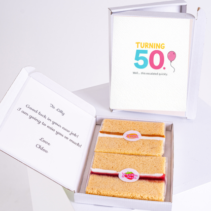 funny 50th birthday cake card with sponge slices in box