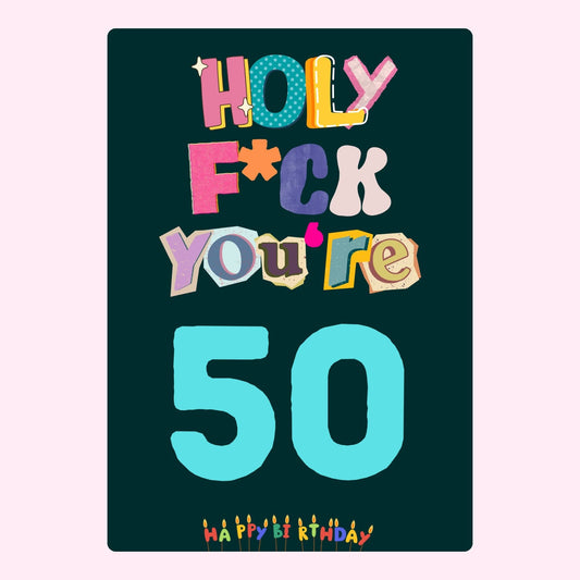 bold 50th birthday card design with colorful typography and candles