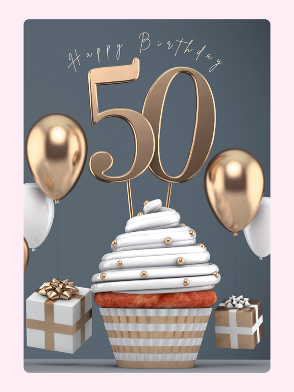 50th birthday card design with cupcake balloons and gifts