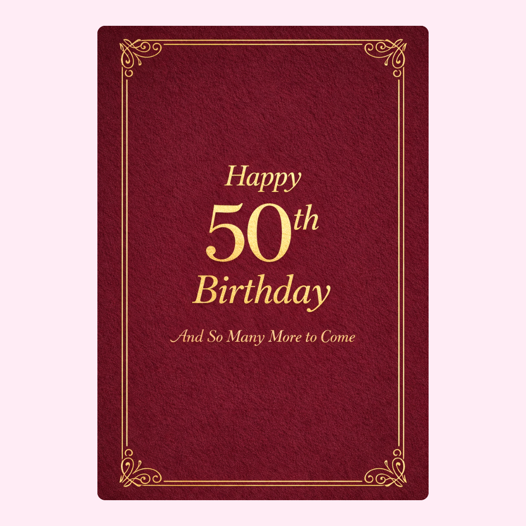 red and gold 50th birthday card design with elegant text