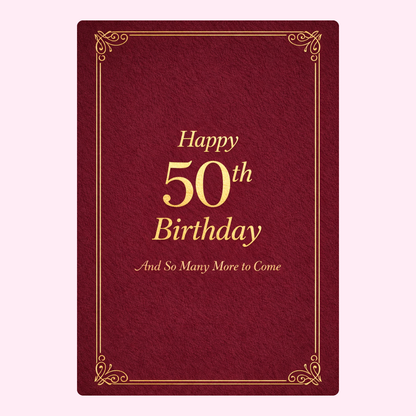 red and gold 50th birthday card design with elegant text