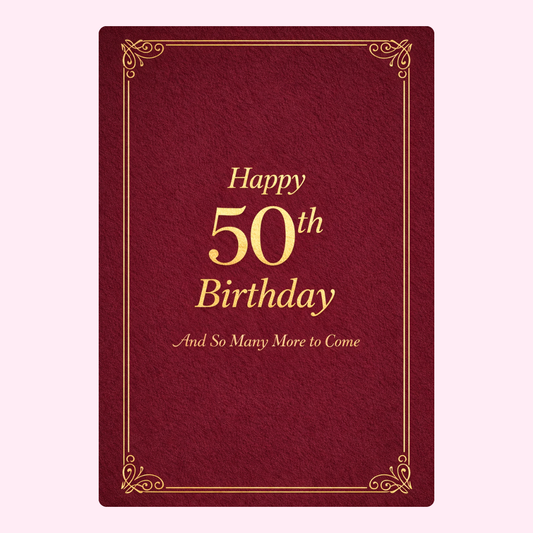 red and gold 50th birthday card design with elegant text