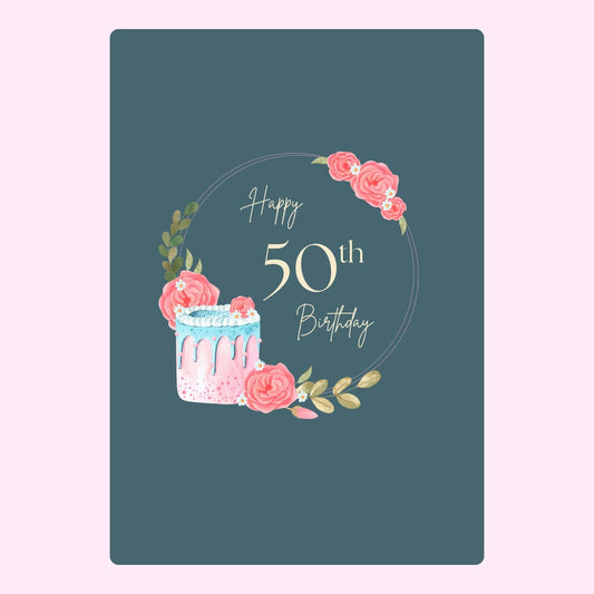 floral 50th birthday card design with cake and pink flowers