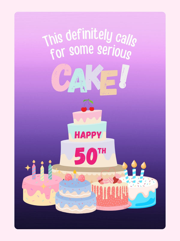 fun 50th birthday card design with colorful cakes and candles