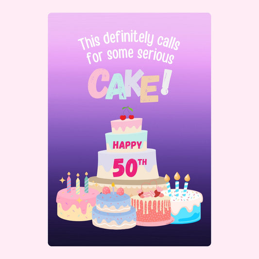 fun 50th birthday card design with colorful cakes and candles