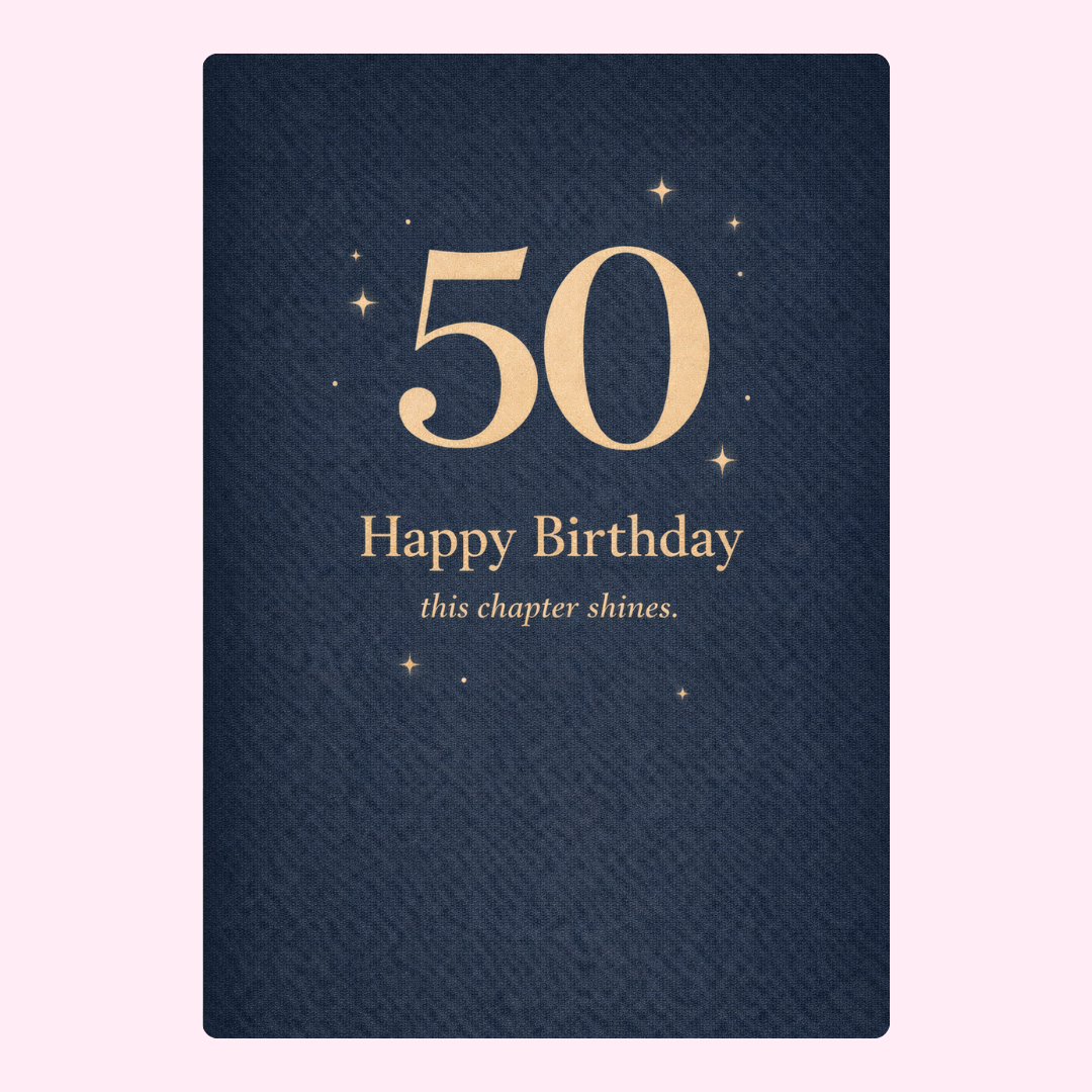 navy 50th birthday card design with gold text and stars