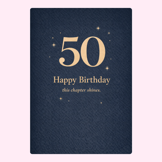 navy 50th birthday card design with gold text and stars