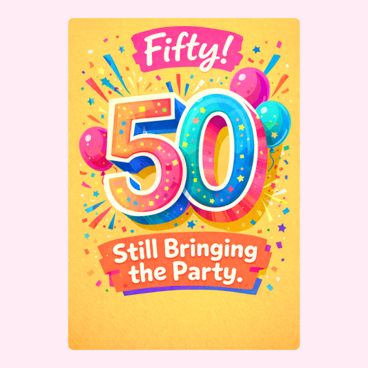 colorful 50th birthday card design with balloons and confetti