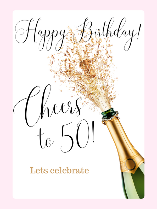 50th birthday card with champagne bottle and celebration design