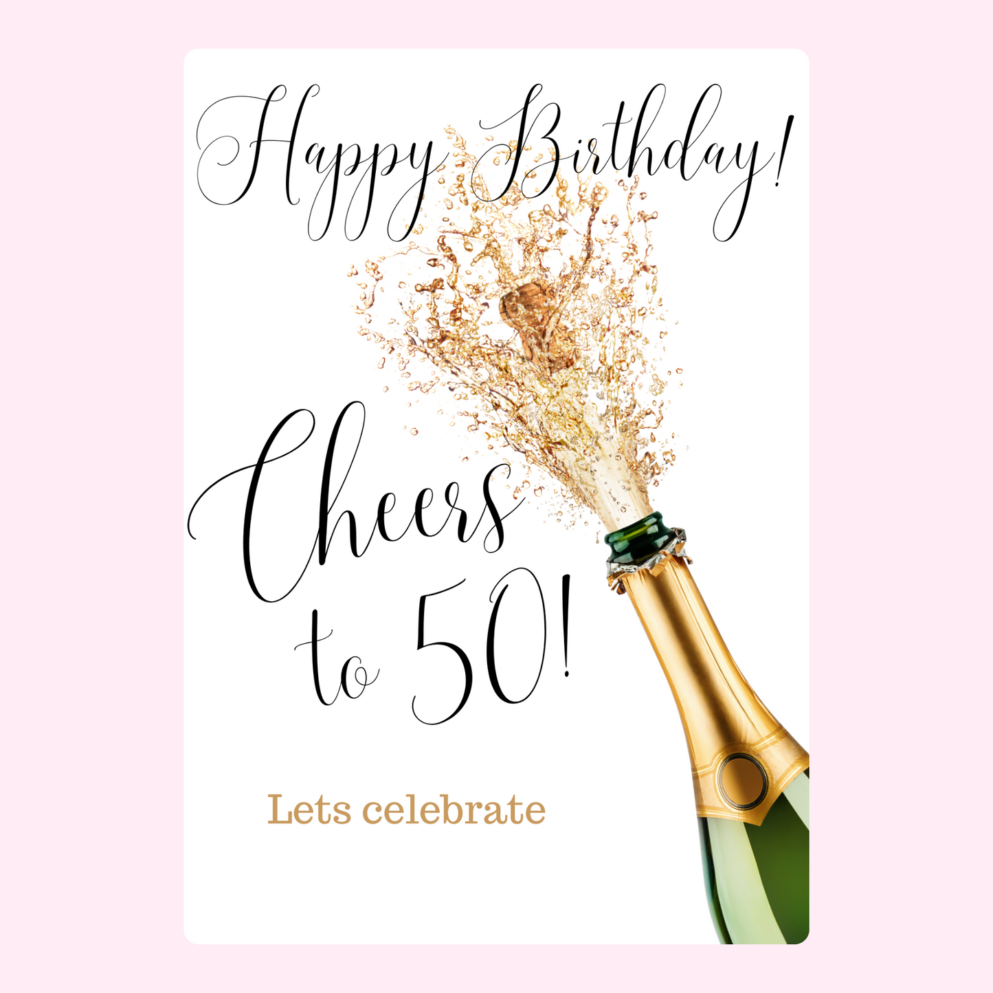 50th birthday card with champagne bottle and celebration design