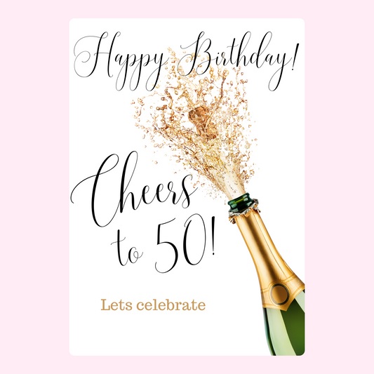 50th birthday card with champagne bottle and celebration design