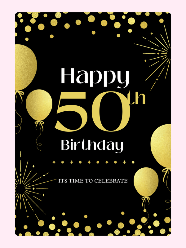 black and gold 50th birthday card with balloons