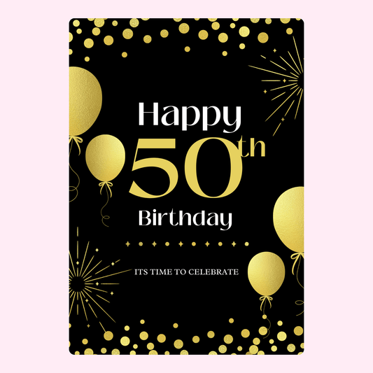 black and gold 50th birthday card with balloons