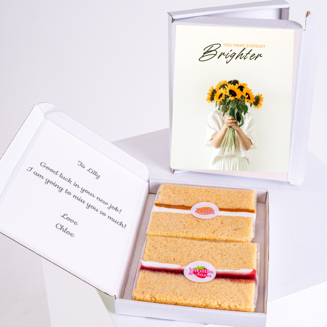 Farewell cake gift for Lilly with card and sunflowers.