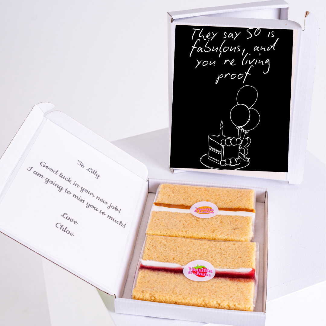 Gift box with cake and well wishes for Lilly's new job.