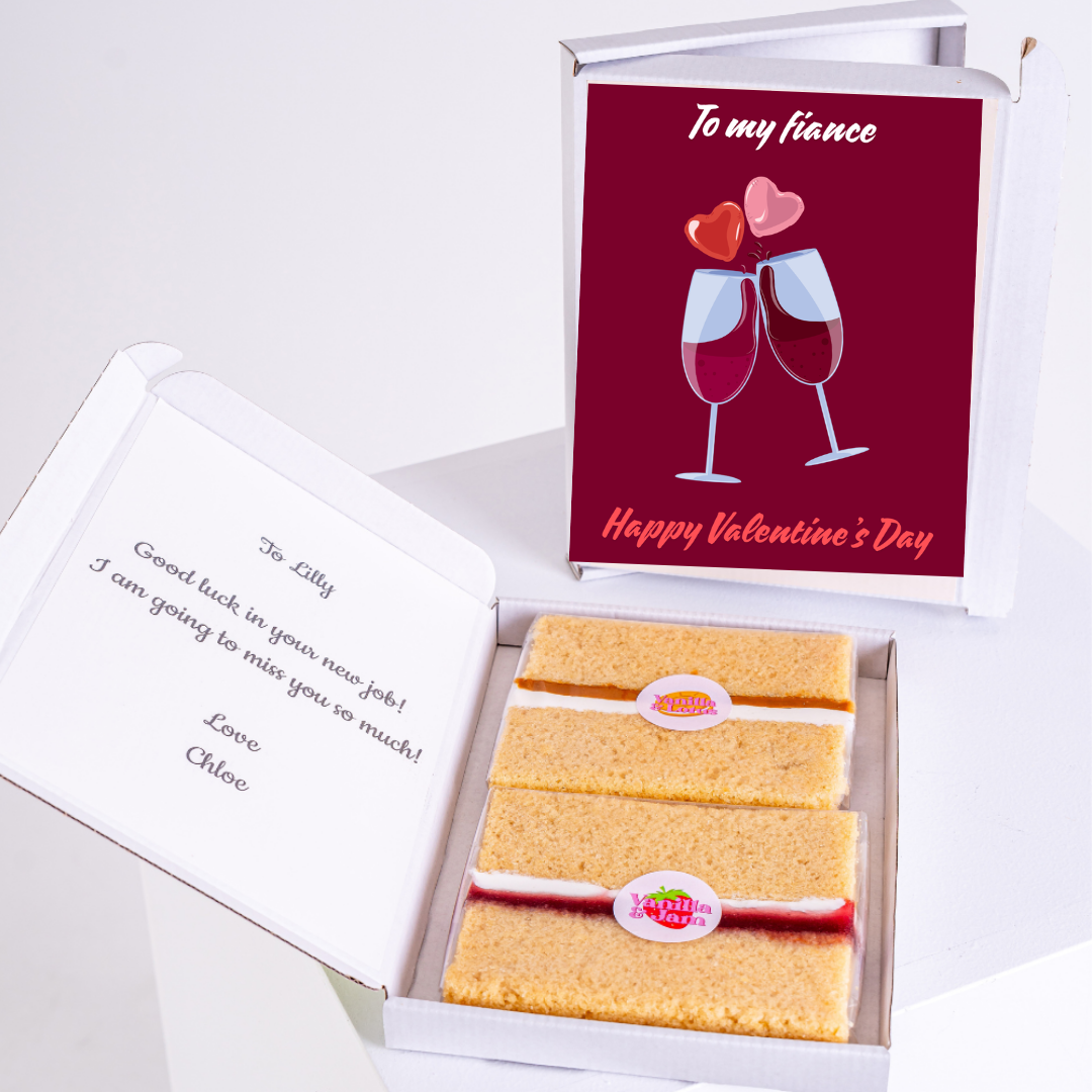 Valentine's Day card and cake gift box for fiance, with a message.