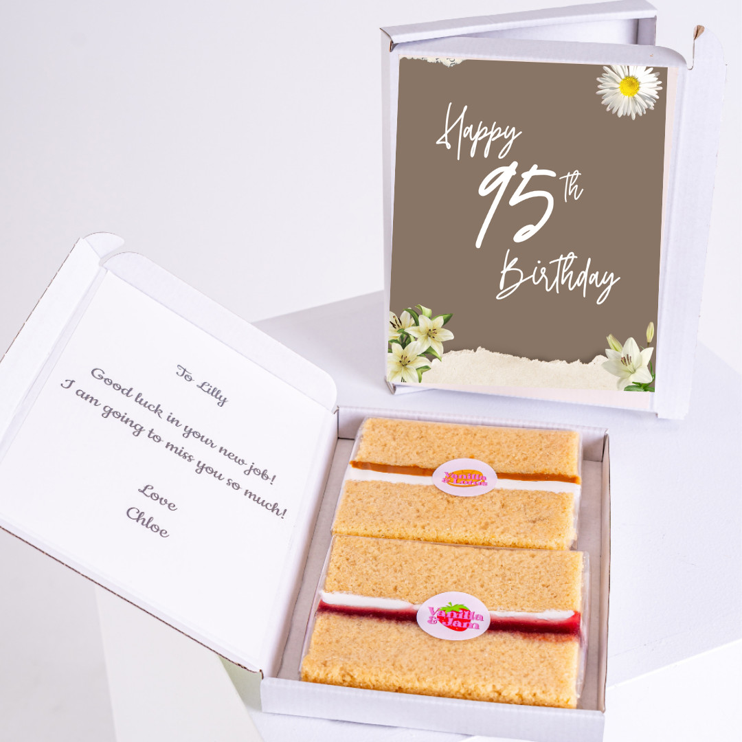 95th Birthday cake gift box with message for Lilly.
