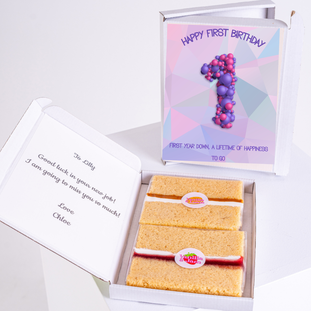 Birthday cake with Happy First Birthday card, gift box