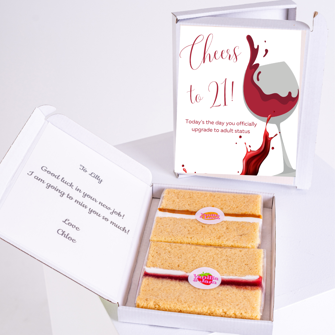 21st birthday cake gift with Cheers to 21! card and farewell message.