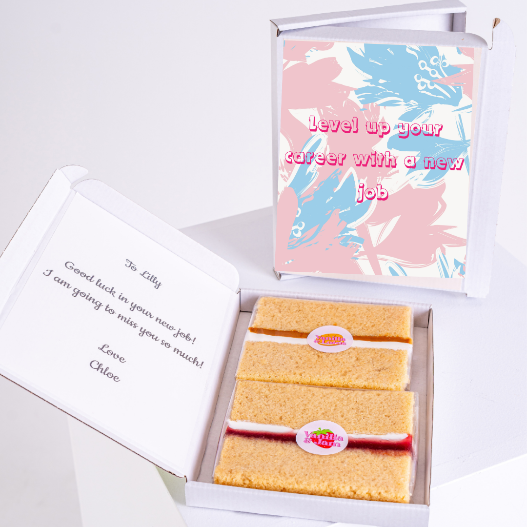 Cake box with Level up your career with a new job message, gift for Lilly.
