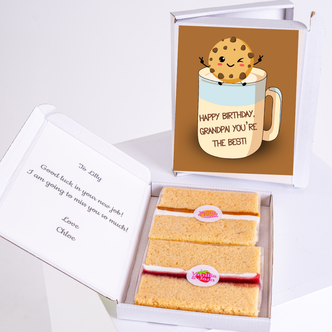 Gift box with cake and Happy Birthday Grandpa card.