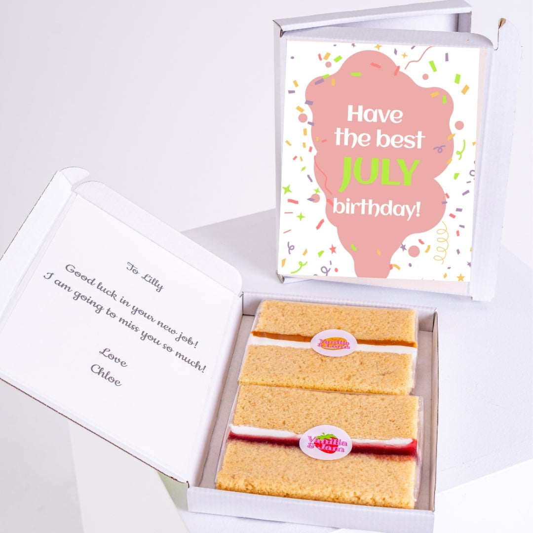 Birthday cake gift box with July birthday message on lid