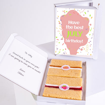 Birthday cake gift box with July birthday message on lid