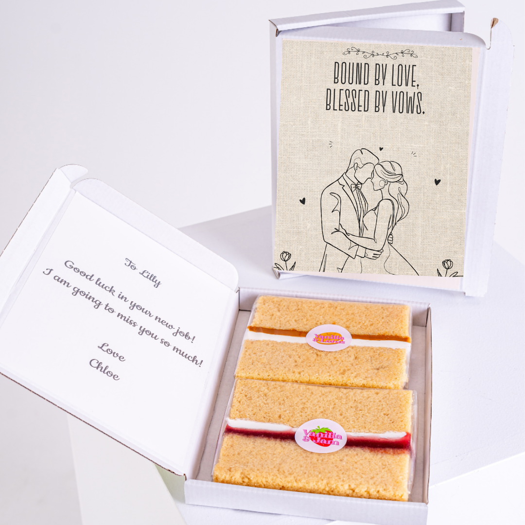 Wedding cake gift box with a Bound by Love card, farewell card.