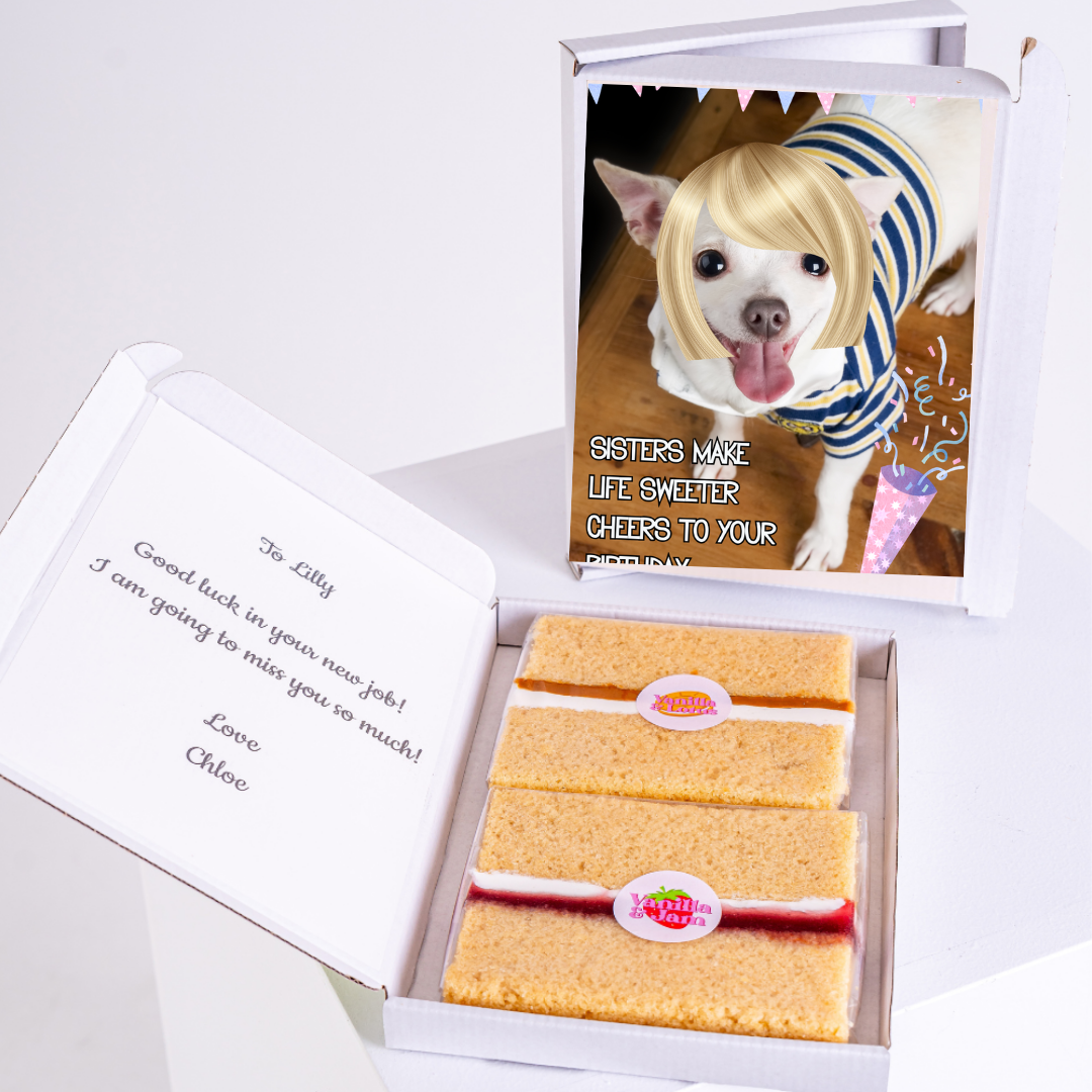 Dog in wig birthday card with cake, Cheers to your birthday