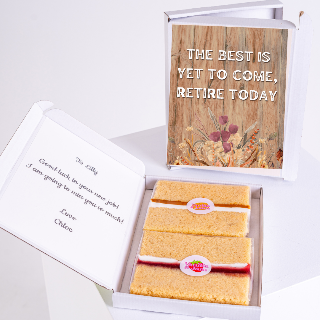 Retirement cake gift box with The best is yet to come message for Lilly.