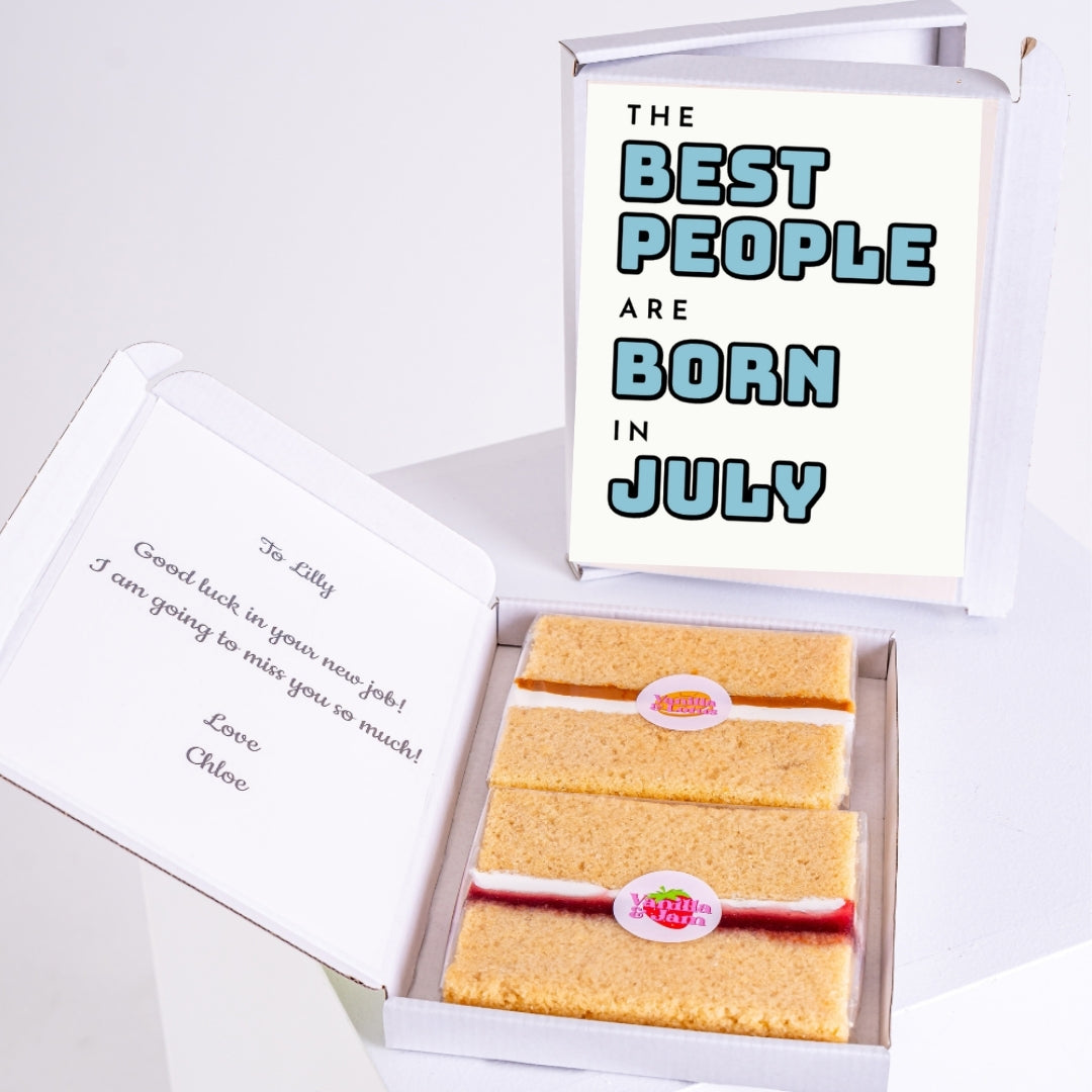 Letterbox cake gift with July birthday card saying