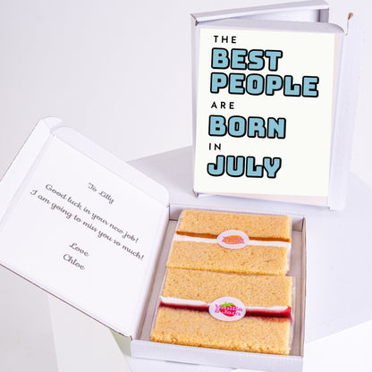 Letterbox cake gift with July birthday card saying