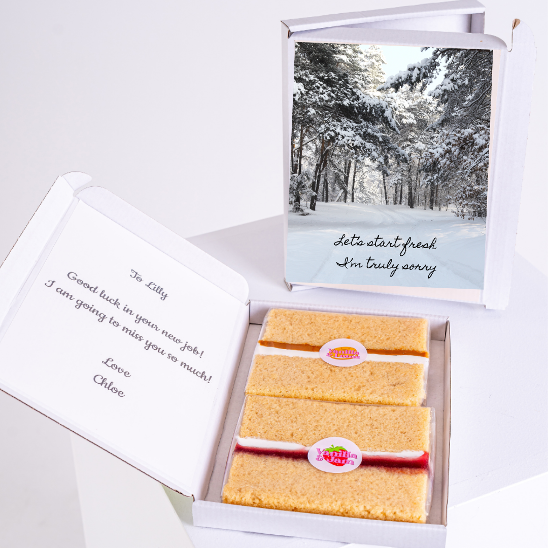 Cake gift box with winter scene card, To Lilly goodbye message.