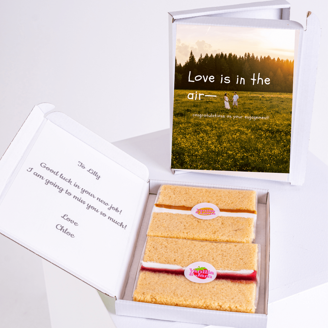 Cake gift box with Love is in the air card and note to Lilly.