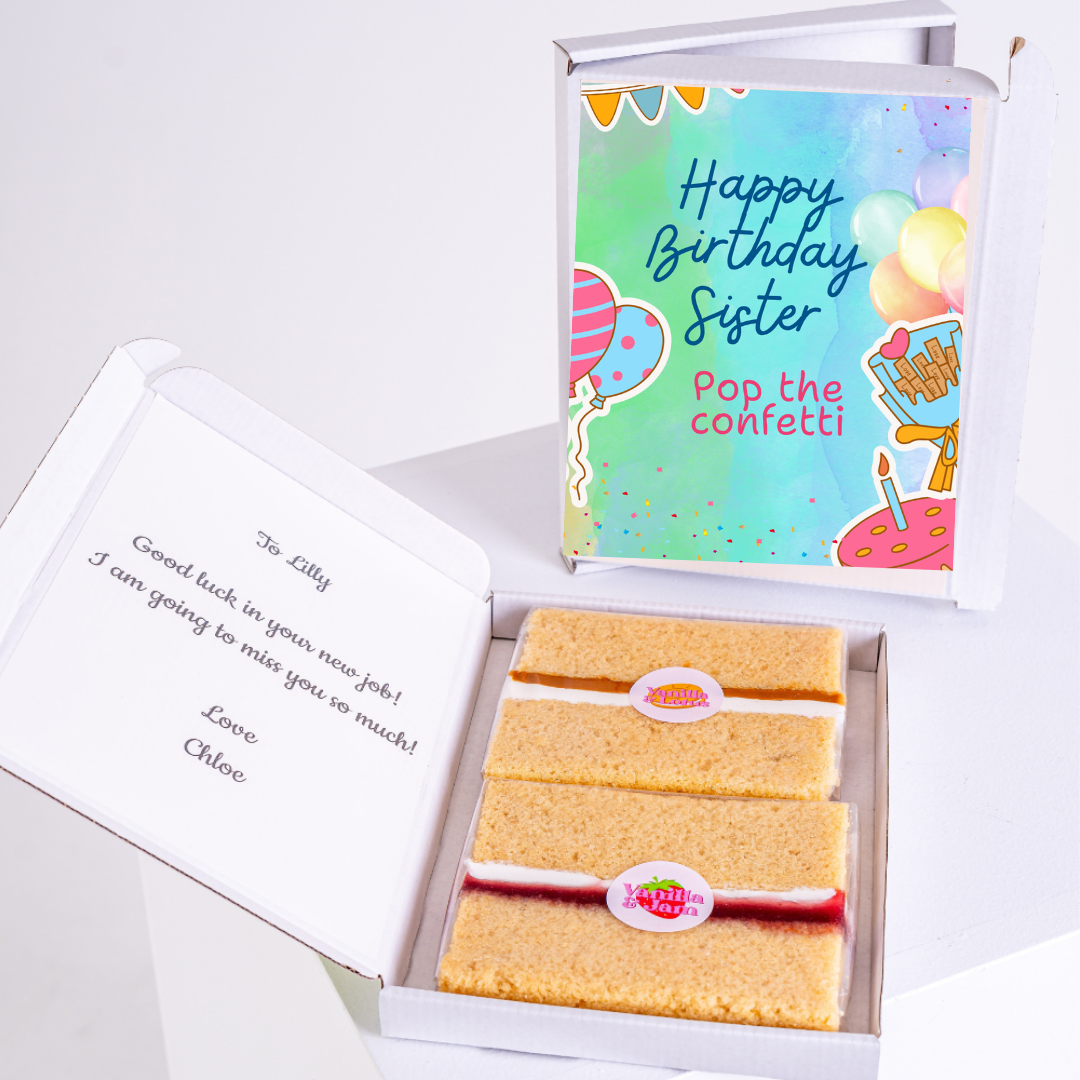 Birthday cake box for sister, with message for Lilly