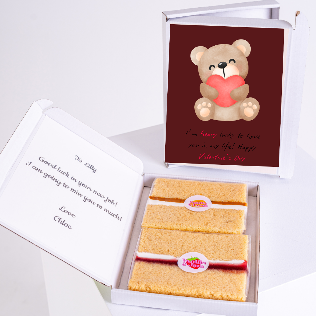 Cake gift box with teddy bear card, Valentine's Day message.