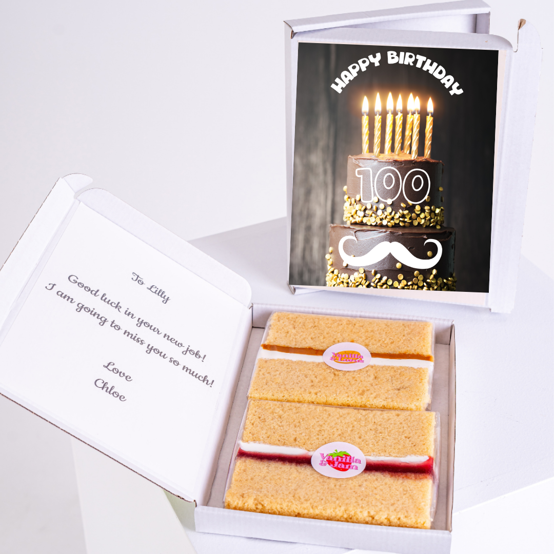 Birthday cake gift box for Lilly with 100 cake, goodbye message.