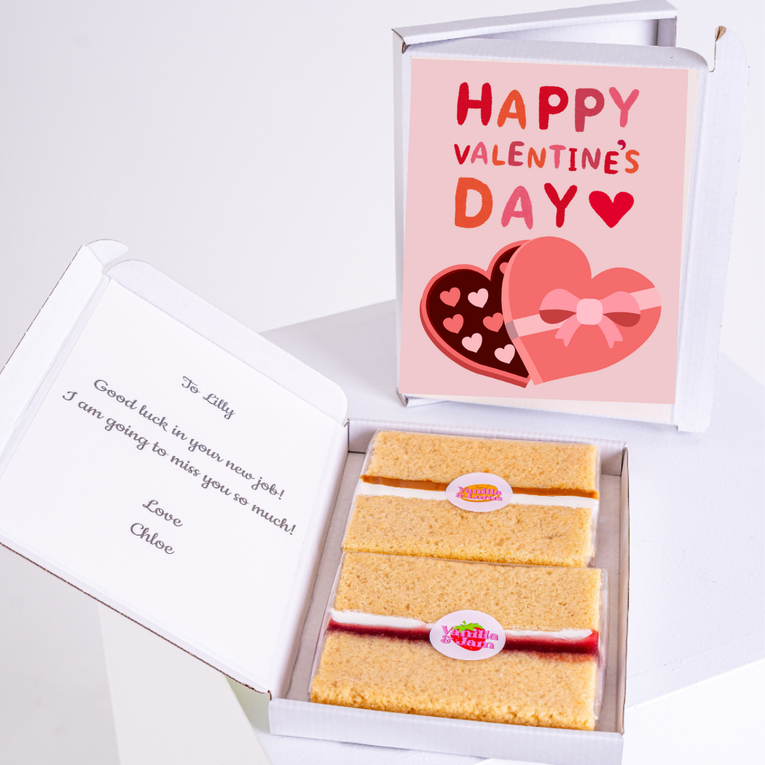 Valentine's Day cake gift box with Happy Valentine's Day message and goodbye...