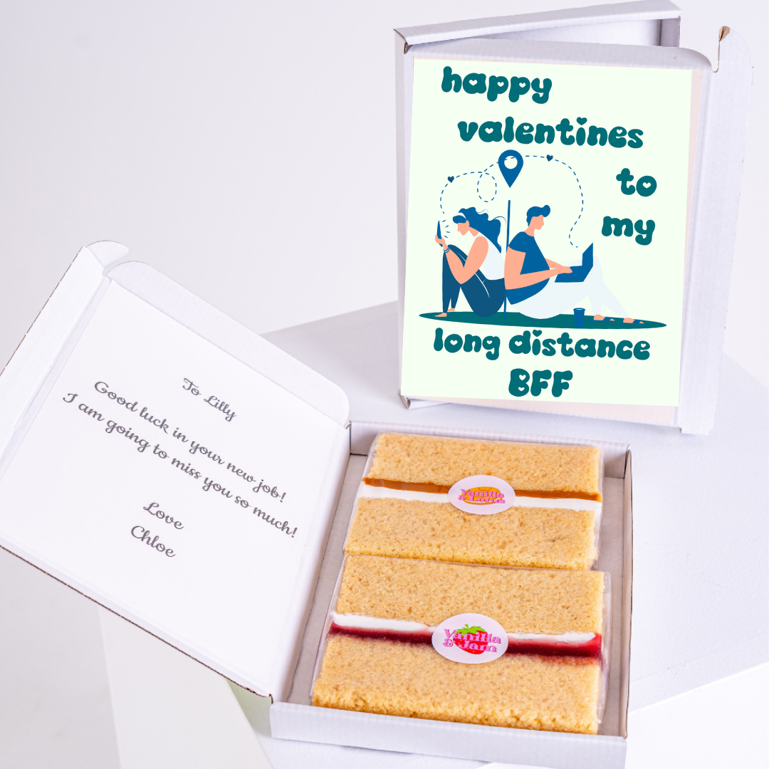 Valentine's gift box for long distance BFF, includes cake and message.