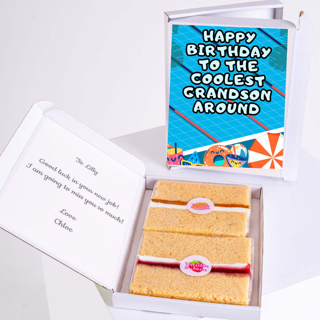 Birthday cake gift box with Happy Birthday to the coolest grandson around...