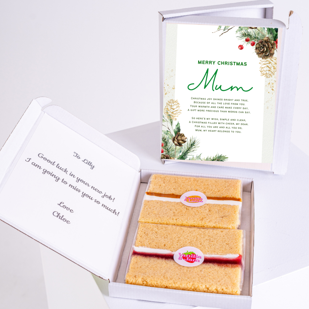 Christmas gift box for Mum with cake, card, and message.