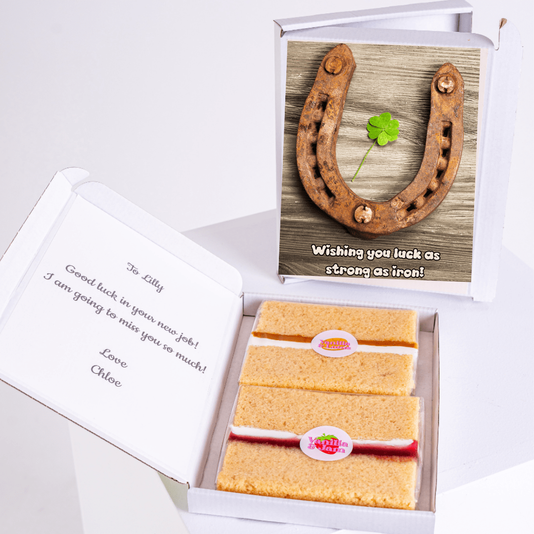 Gift box with horseshoe, cake, and well wishes for Lilly.