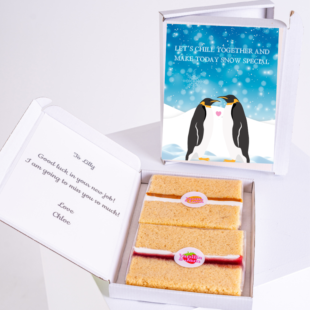 Penguin cake gift box with farewell message for Lilly.