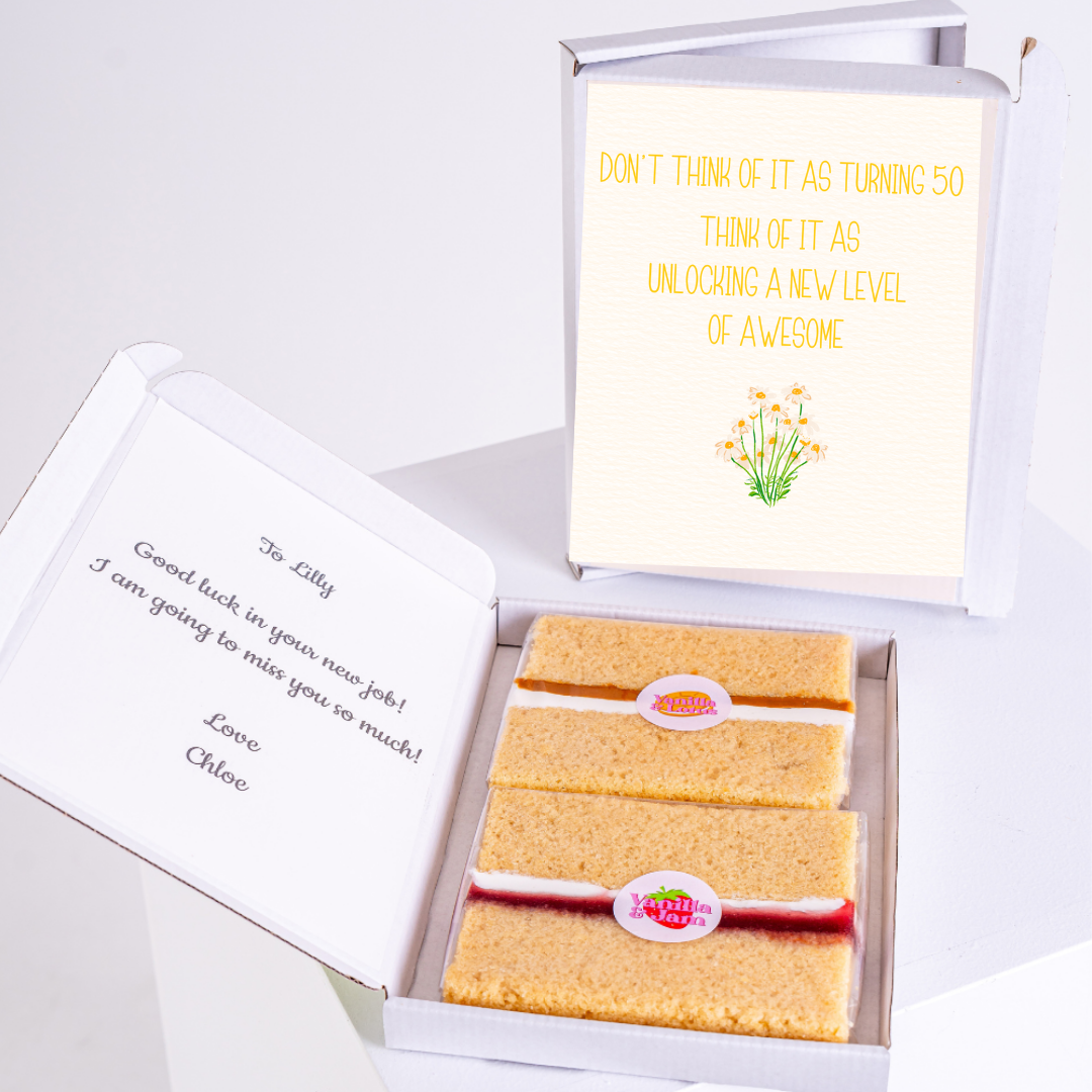 50th birthday cake gift for Lilly with a new job card.