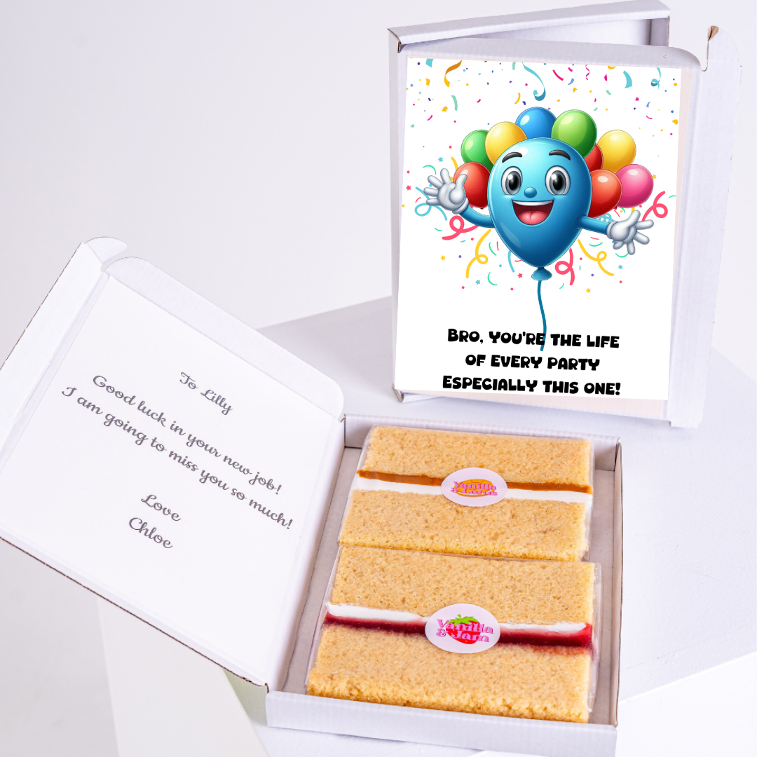 Farewell gift box with cake and balloon card for Lilly.